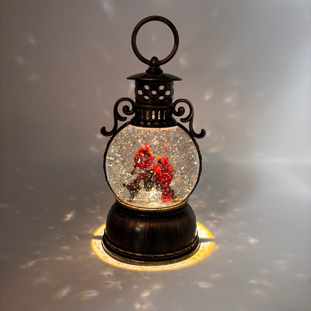 Cardinal Lantern Lighted Motion Glitter Christmas Snow Globe Birds‎ Bronze Look